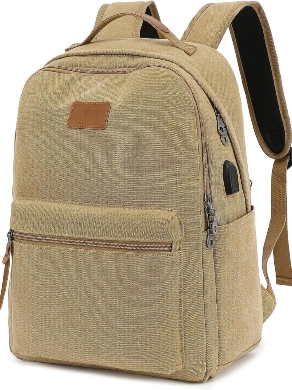 Waterproof Canvas Laptop Backpack, 15.6" Daypack with USB Charging Port, Brown